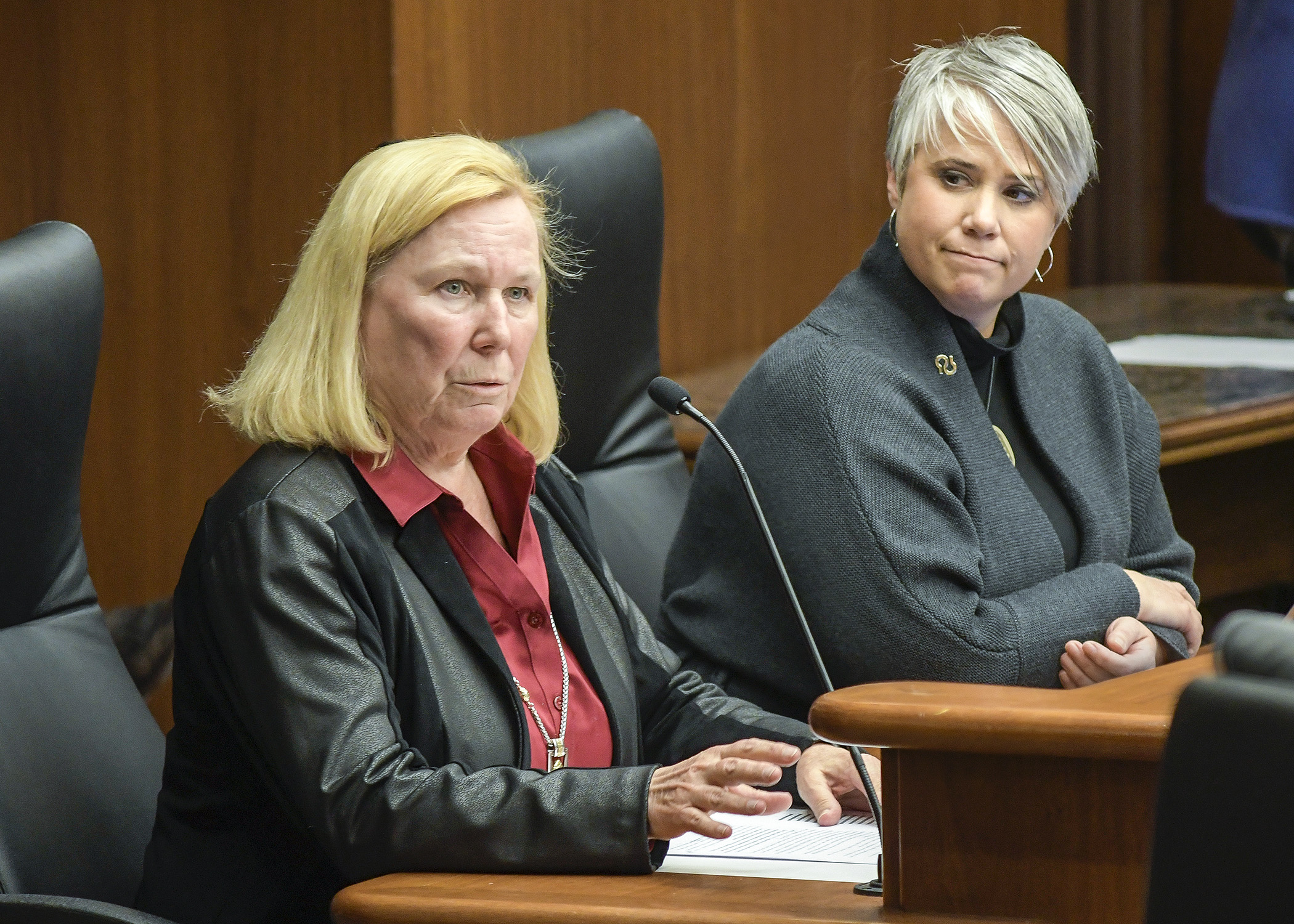 Kris Sundberg, president of Elder Voice Family Advocates, and Beth McMullen, vice president of government affairs at Alzheimer’s Association Minnesota-North Dakota, testify before the House Health and Human Services Policy Committee. Photo by Andrew VonBank